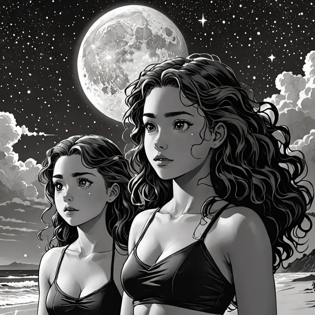 two women in bikinis standing on the beach under a full moon and stars sky with the moon in the background, Apollonia Saintclair, aestheticism, a comic book panel, yukito kishiro
