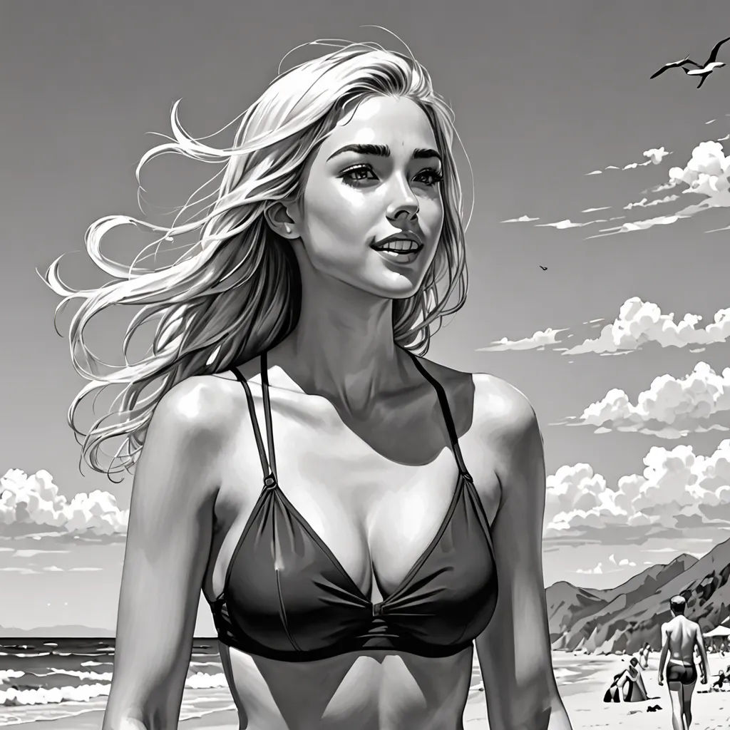 a woman in a bikini walking on the beach with a man in the background and a bird flying overhead, David Palumbo, figurative art, an ultrafine detailed painting, stanley artgerm lau