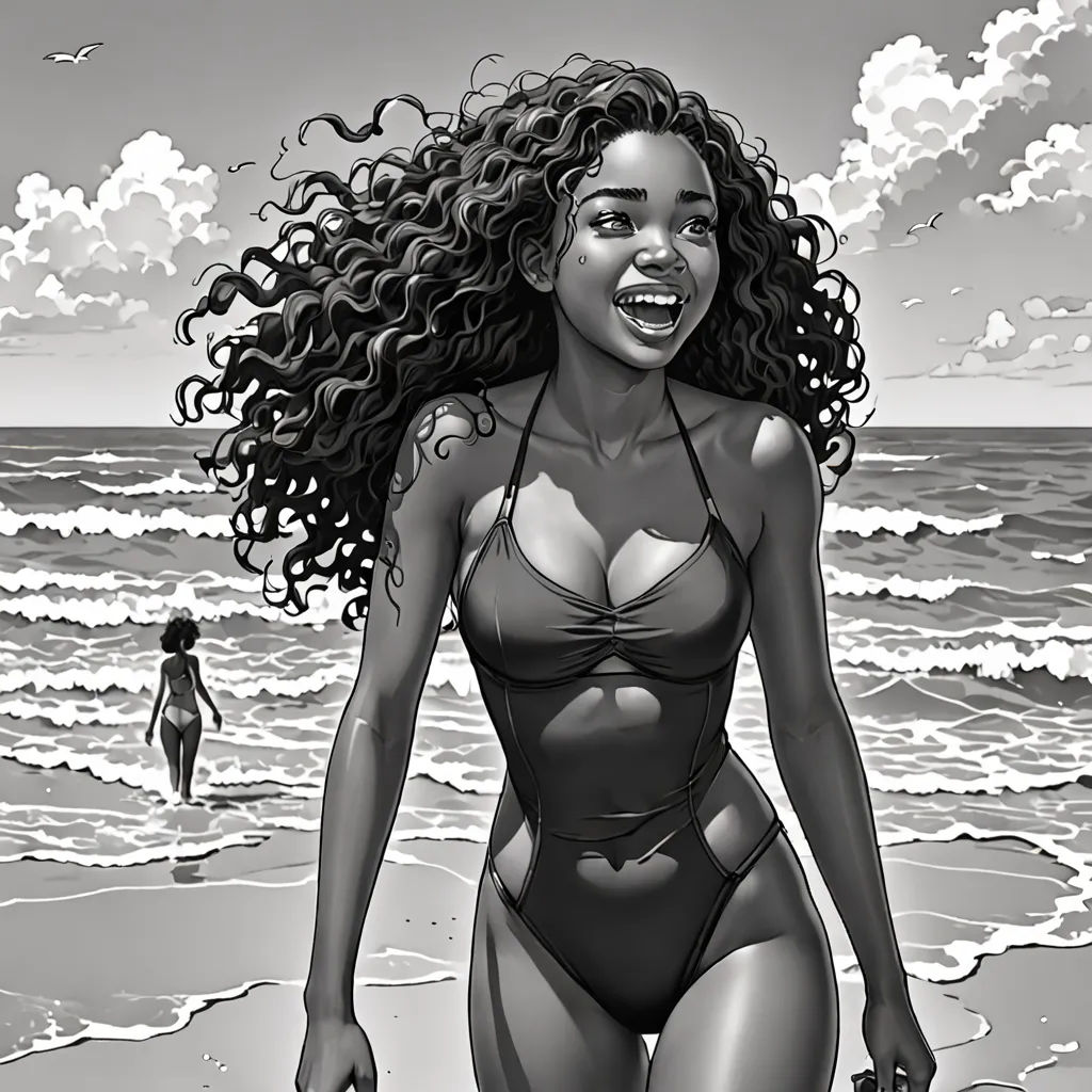 a woman in a bikini walking on the beach with a man in the background in black and white,, Arthur Adams, figurative art, a comic book panel, comic cover art