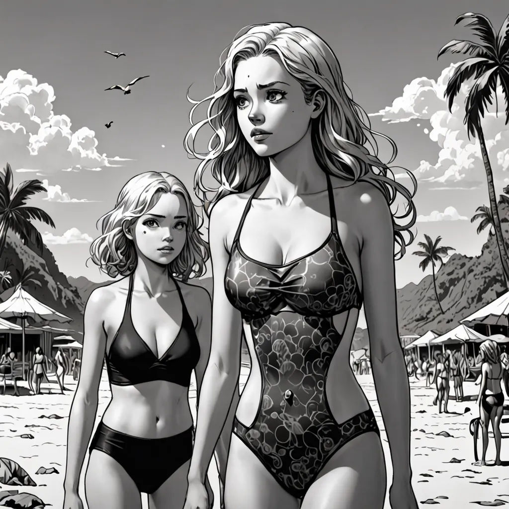 a couple of women in bikinis walking on a beach next to a man in a suit and tie, Artgerm, figurative art, a comic book panel, yukito kishiro