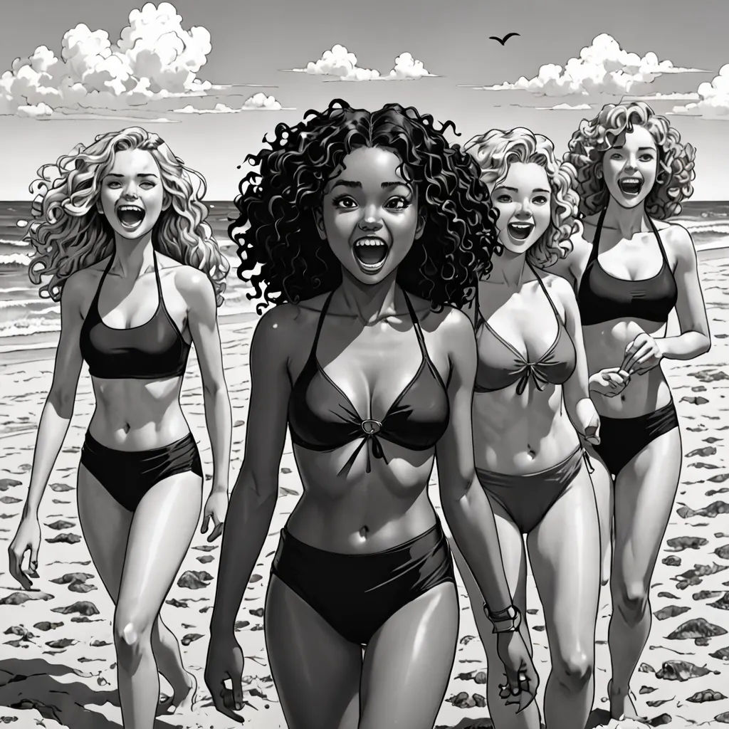a group of women in bikinis walking on a beach next to the ocean with a bird flying overhead, F Scott Hess, serial art, a comic book panel, comic cover art