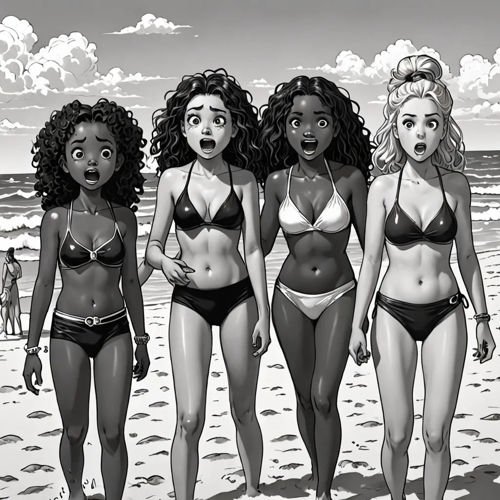 a group of women in bikinis standing on a beach next to the ocean with a sky background and clouds, F Scott Hess, serial art, a comic book panel, graphic novel