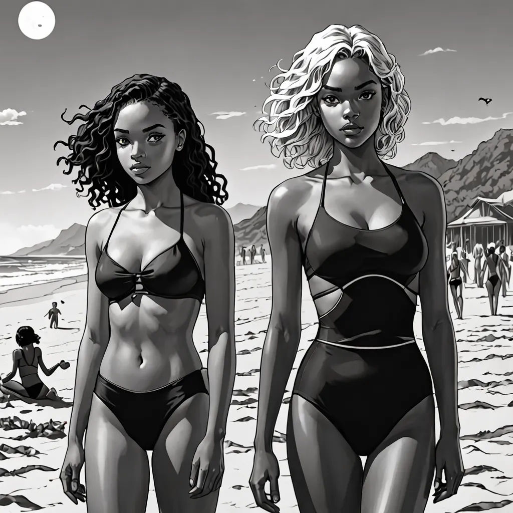 two women in bathing suits standing on a beach next to each other, with a full moon in the background, Apollonia Saintclair, serial art, a comic book panel, graphic novel