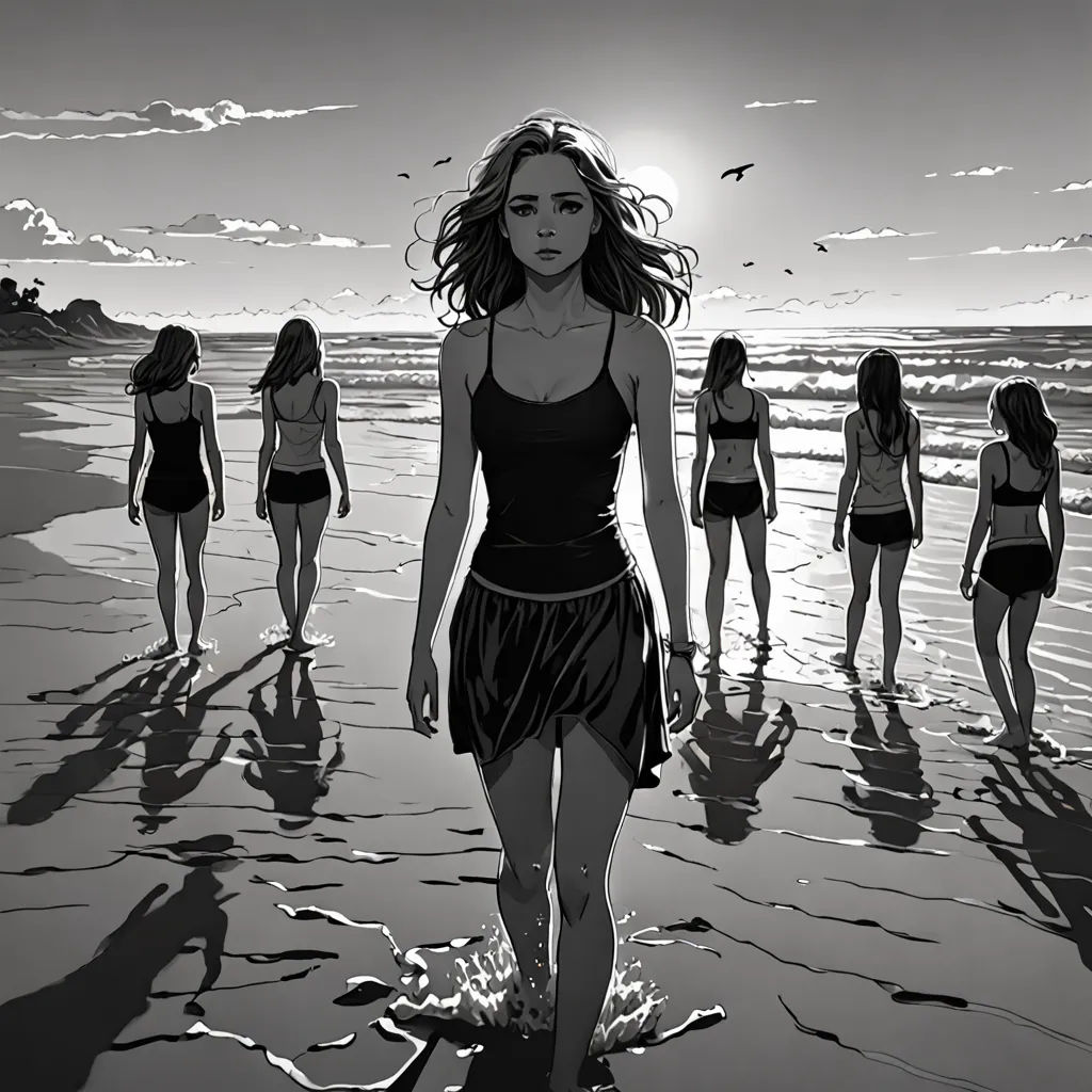 a group of women walking along a beach next to the ocean on a sunny day with a bird flying overhead, Apollonia Saintclair, serial art, a comic book panel, comic cover art