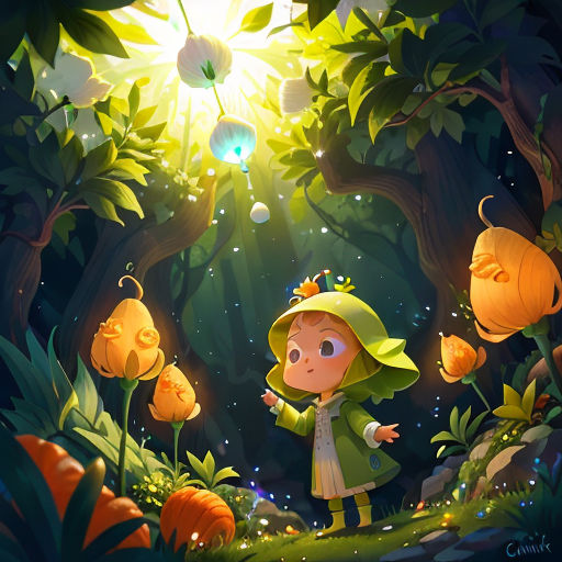 a little girl in a green coat and hat standing in a forest with pumpkins and flowers on the ground