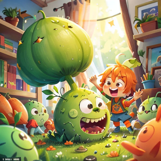 a group of cartoon characters in a room with plants and plants on the floor and a person standing in the background
