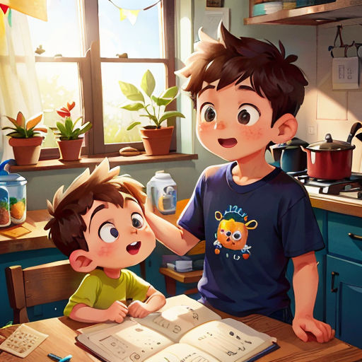 a boy and a boy are reading a book in the kitchen together, with a cat on the table