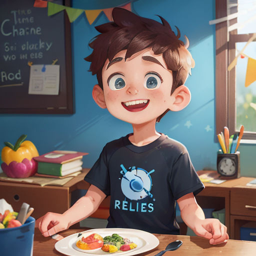 a boy sitting at a table with a plate of food in front of him and a cup of coffee