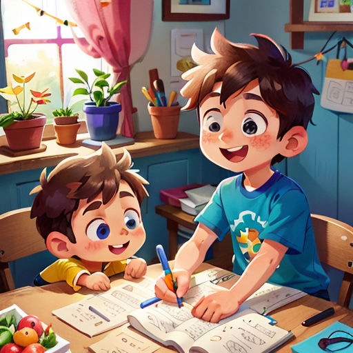 a boy and girl are sitting at a table with books and papers and a pen and paper in front of them