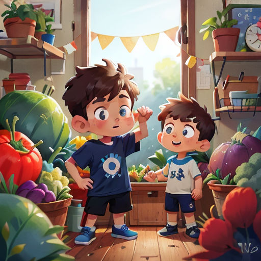 two children standing in a room with plants and a clock in the window behind them, looking at each other