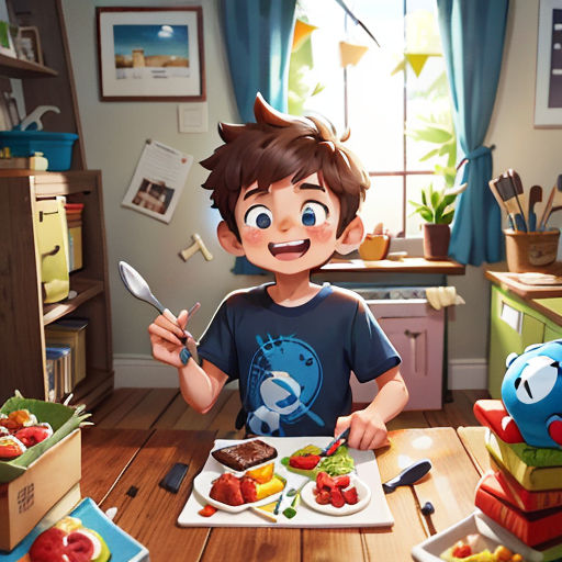a boy eating a plate of food in a kitchen with a monster face on his face and a fork in his mouth