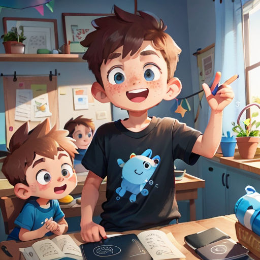 a boy and a boy are sitting at a table with books and a laptop in front of him and a boy is holding a pen and a book
