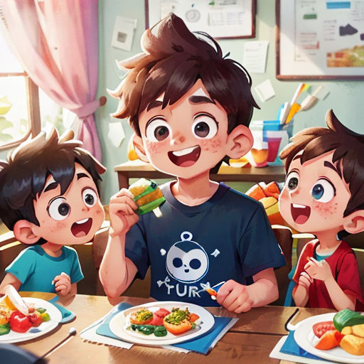 a group of children sitting at a table eating food together, with a boy holding a fork and knife