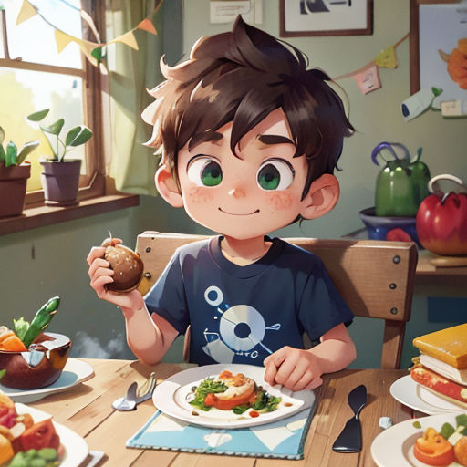 a boy sitting at a table with a plate of food in front of him and a potted plant in the background