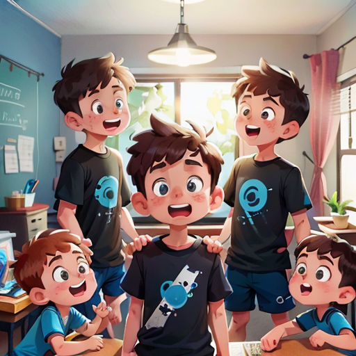 a group of young boys standing next to each other in a room with a desk and a window in the background