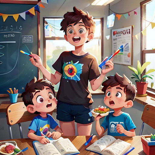 a group of children standing in front of a blackboard with a book and pencils in their hands