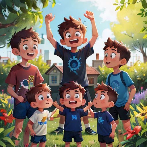a group of children standing in a field with their arms up in the air and their hands in the air