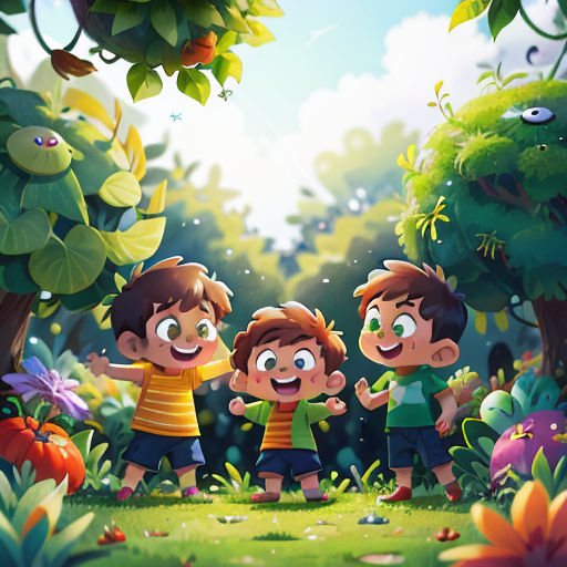 a group of children standing in a forest with a sky background and trees and flowers in the background, with a green grass area and bushes
