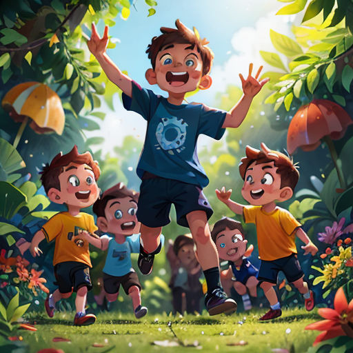 a group of children running through a forest with a boy jumping up into the air with his hands in the air