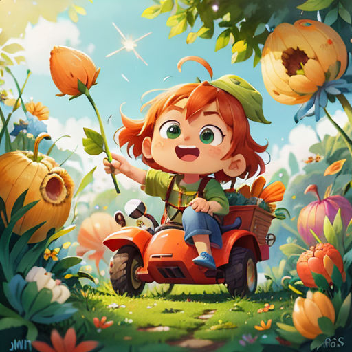a girl riding a red scooter through a lush green forest filled with flowers and a giant sunflower