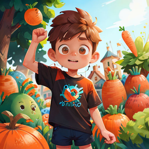 a boy in a black shirt is standing in a field of carrots and a tree with a bird on it