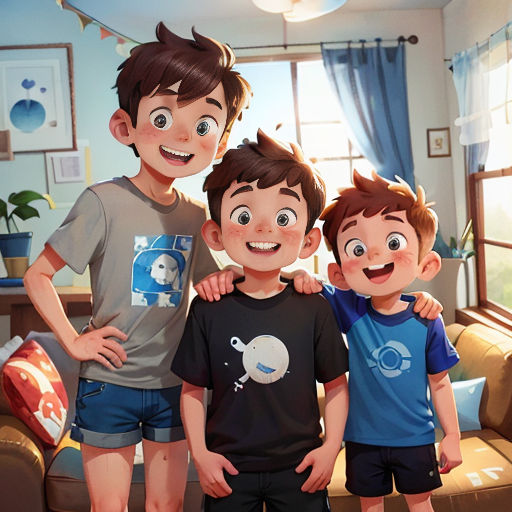three boys standing next to each other in a living room with a couch and a window in the background
