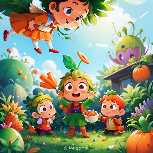 a cartoon of a group of children in a garden with pumpkins and a scarecrow flying overhead, with a house in the background