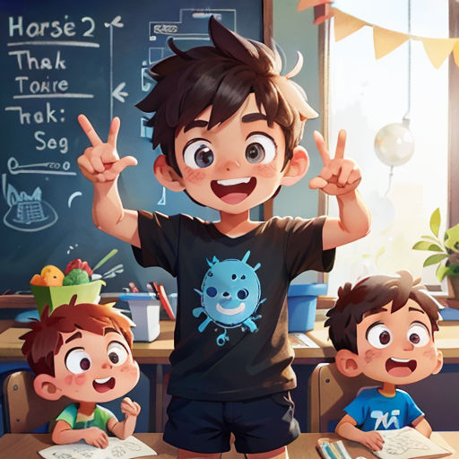 a boy standing in front of a table with two other children in front of him and a chalkboard with a chalkboard on it