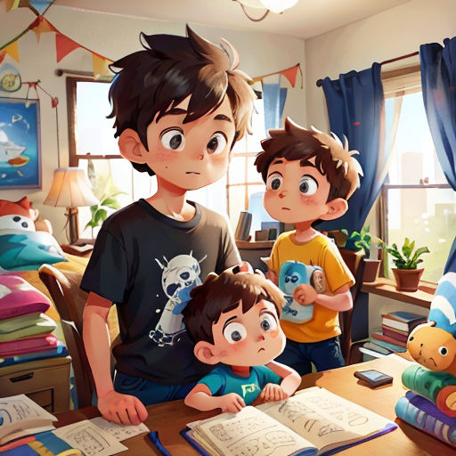 a man and two boys are looking at a book in a room with a window and a bed in the background