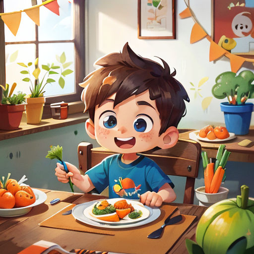 a boy sitting at a table with a plate of food in front of him and a potted plant in the background