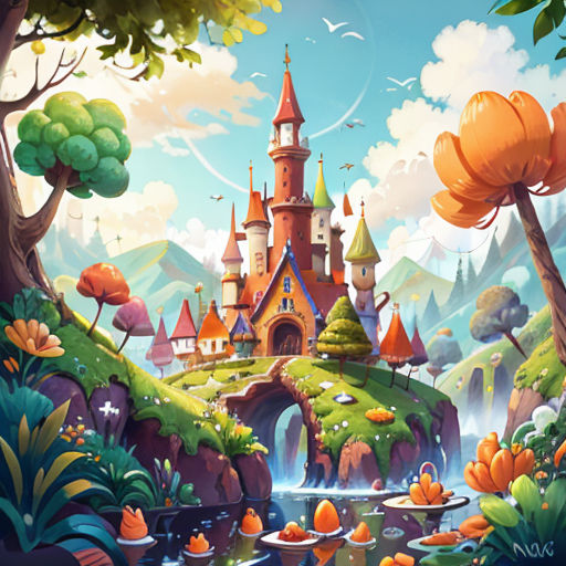 a painting of a castle in the middle of a forest with a waterfall and a bridge leading to it
