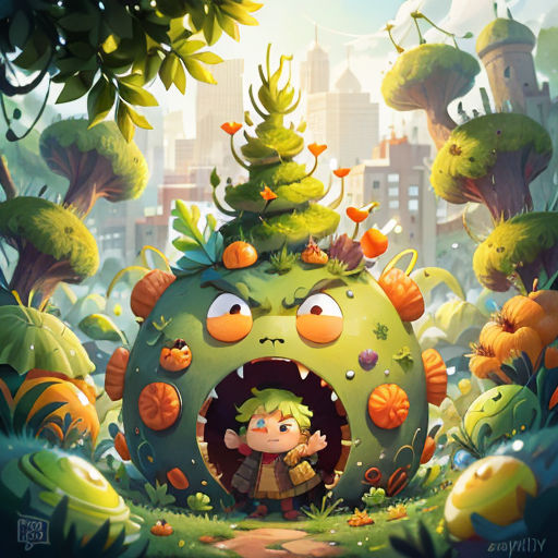a cartoon character with a big mouth and a tree in the background with a city in the background and a green monster
