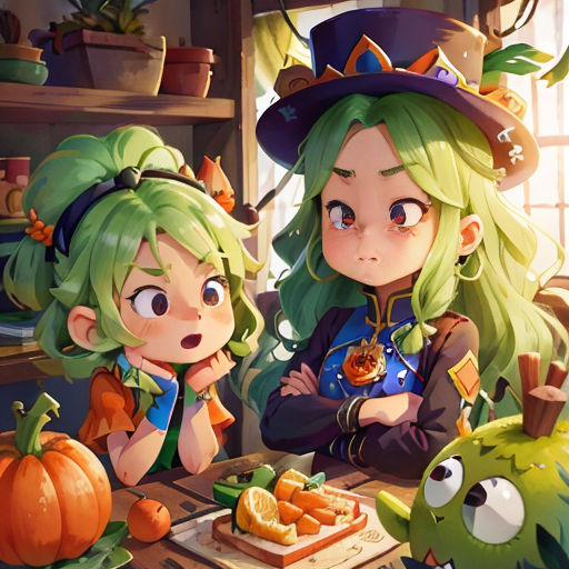 a couple of cartoon characters sitting at a table with food in front of them and a pumpkin in the background