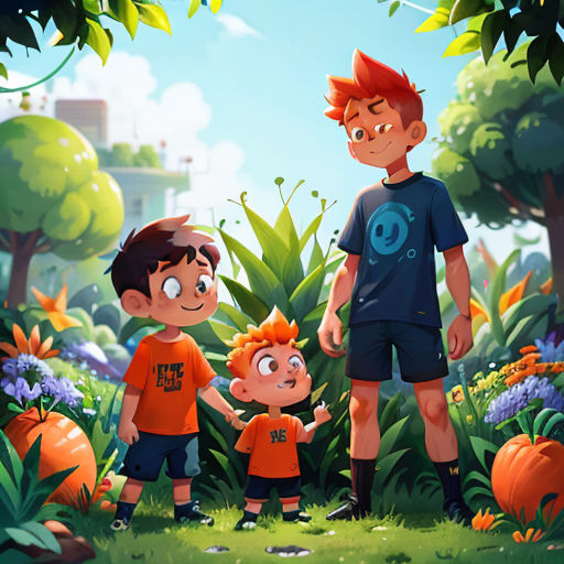 a man and two boys standing in a garden with pumpkins and flowers around them, with a building in the background