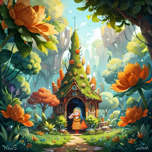 a painting of a little girl in a forest with a house in the middle of the forest with flowers