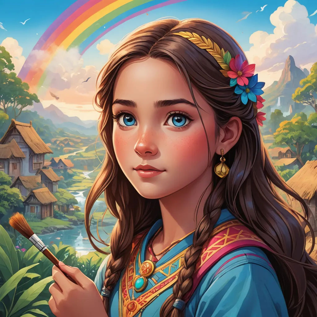 a girl with a rainbow in her hair holding a brush and a rainbow in her hand, in front of a village, fantasy art, a detailed painting, Art of Brom, trending on art station