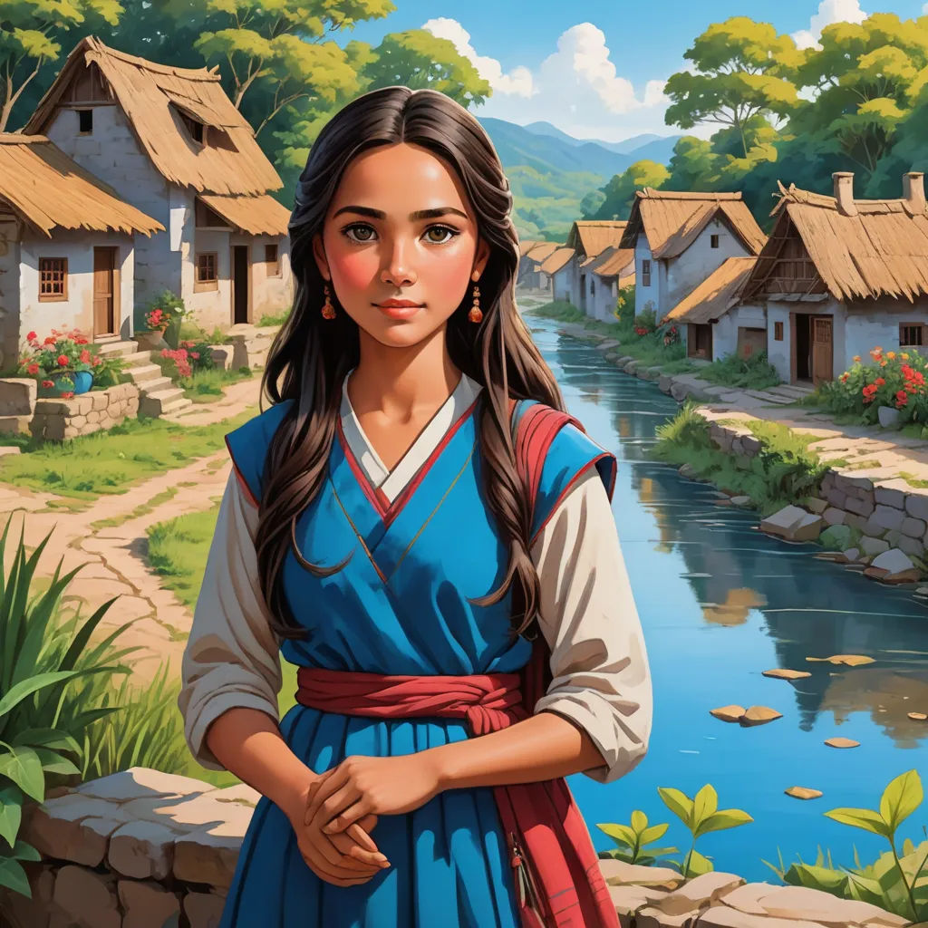 a painting of a girl in a blue dress standing in front of a river and houses with thatched roofs, american scene painting, a character portrait, Constance Gordon-Cumming, kinkade