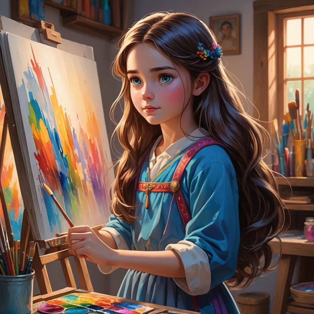 a girl is painting a picture of a girl with long hair and a blue dress is holding a paintbrush, fantasy art, a detailed painting, artist, trending on art station
