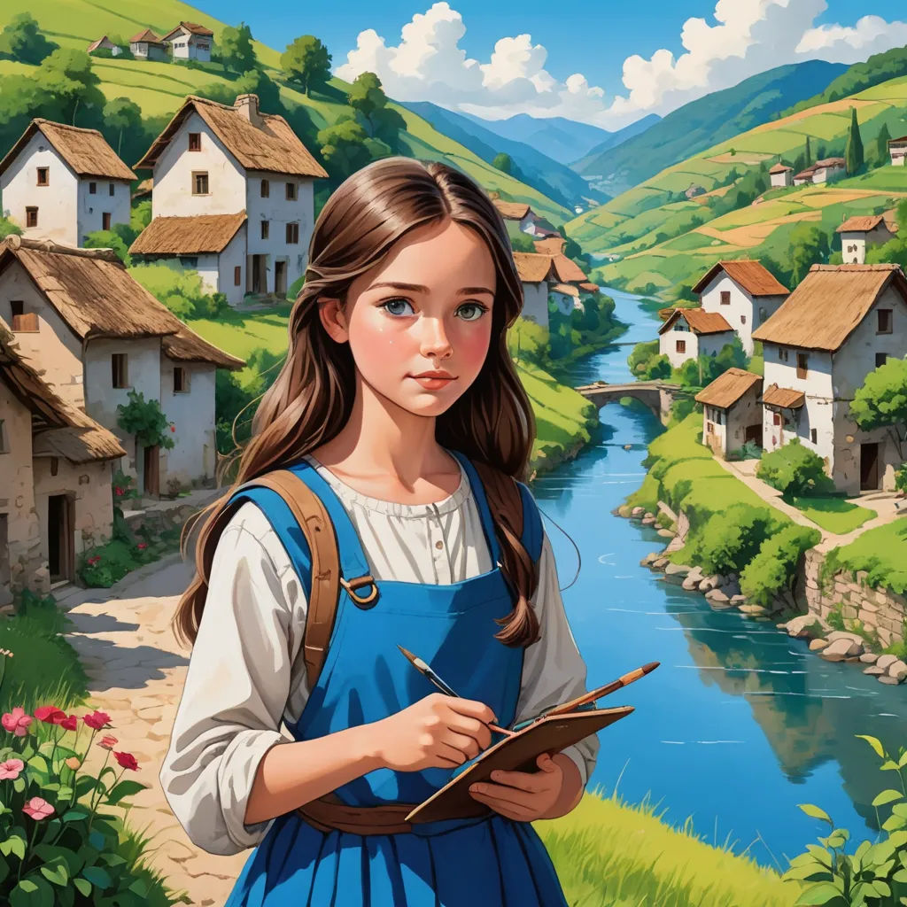 a painting of a girl holding a clipboard in front of a river and houses with mountains in the background, american scene painting, a storybook illustration, Bob Byerley, trending on art station