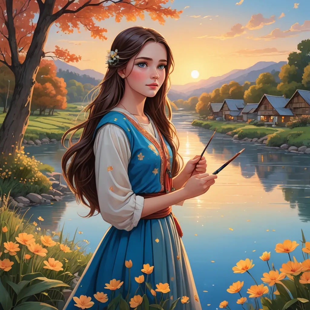 a painting of a girl holding a wand by a river with flowers in the foreground and a house in the background, fantasy art, a detailed painting, Artgerm, kinkade
