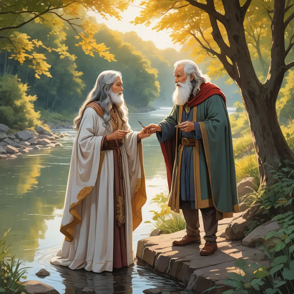 a painting of two men standing next to each other near a river and trees, one of them is holding the hand of the other man, fantasy art, a storybook illustration, Brothers Hildebrandt, storybook illustration