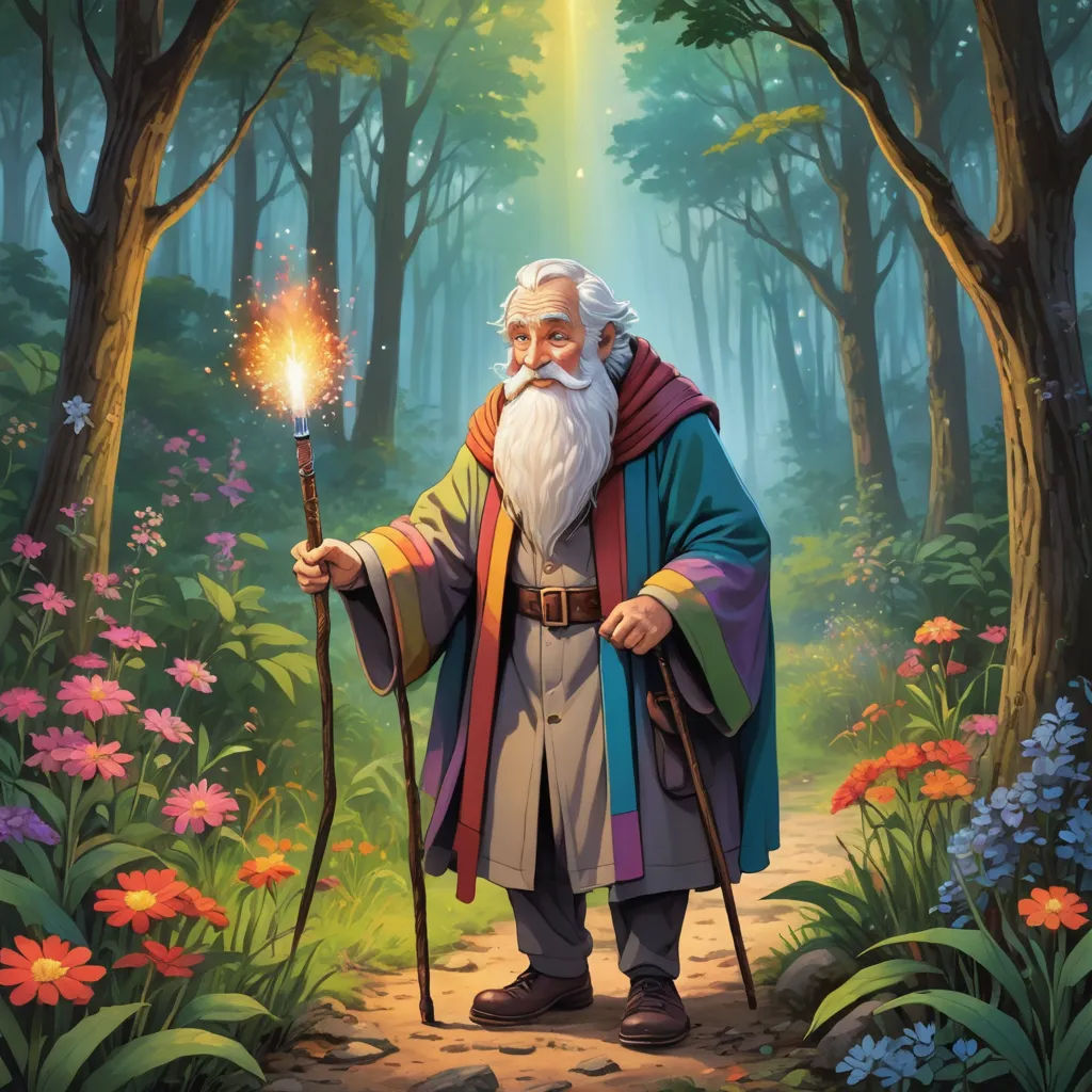 a painting of a wizard holding a wand in a forest with flowers and trees around him and a light shining in the distance, fantasy art, a character portrait, Christophe Vacher, kinkade