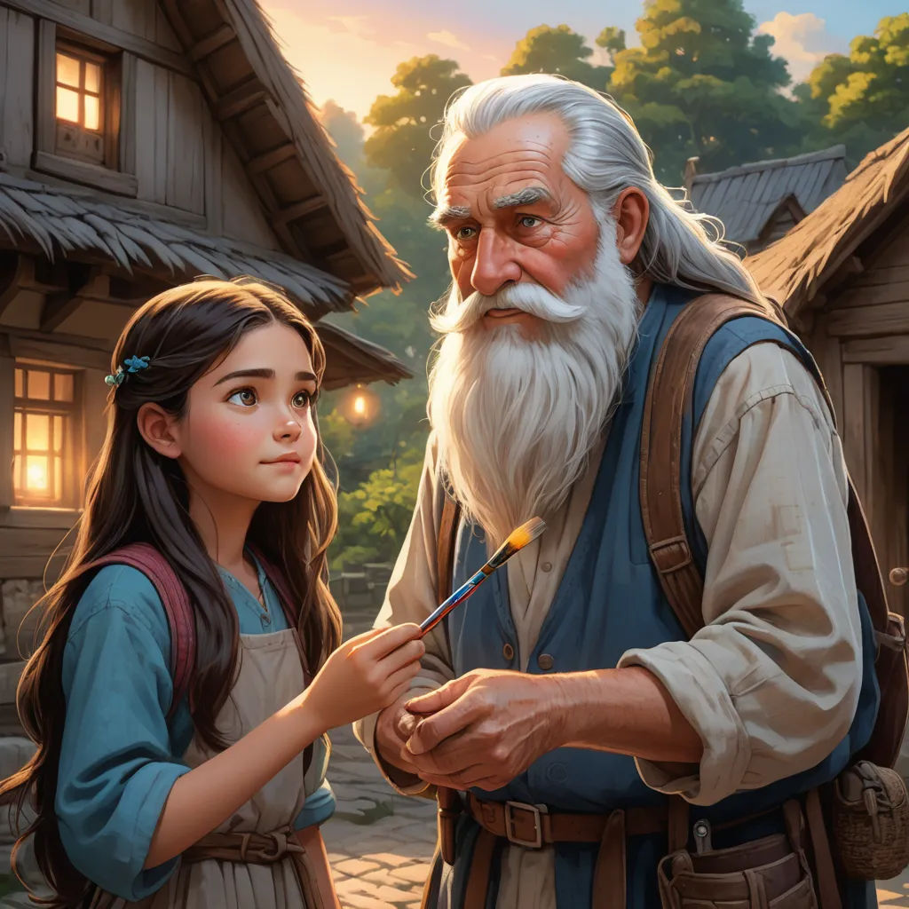 a painting of a man and a girl standing in front of a house with a light shining on them, fantasy art, a storybook illustration, Bob Byerley, storybook illustration