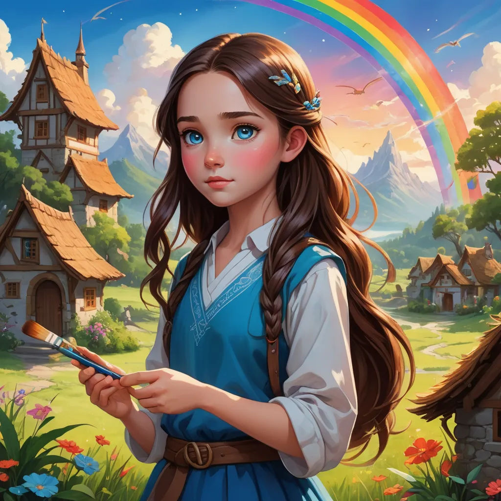 a girl in a blue dress holding a brush and a rainbow in the background with a rainbow in the sky, fantasy art, a storybook illustration, Artgerm, rossdraws global illumination