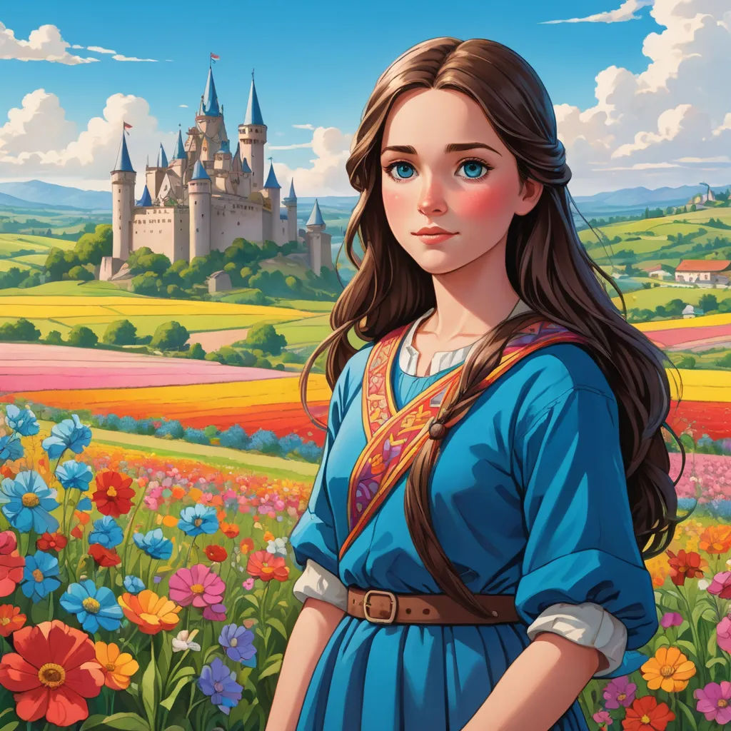 a painting of a girl in a blue dress standing in a field of flowers with a castle in the background, fantasy art, a character portrait, Brothers Hildebrandt, official art