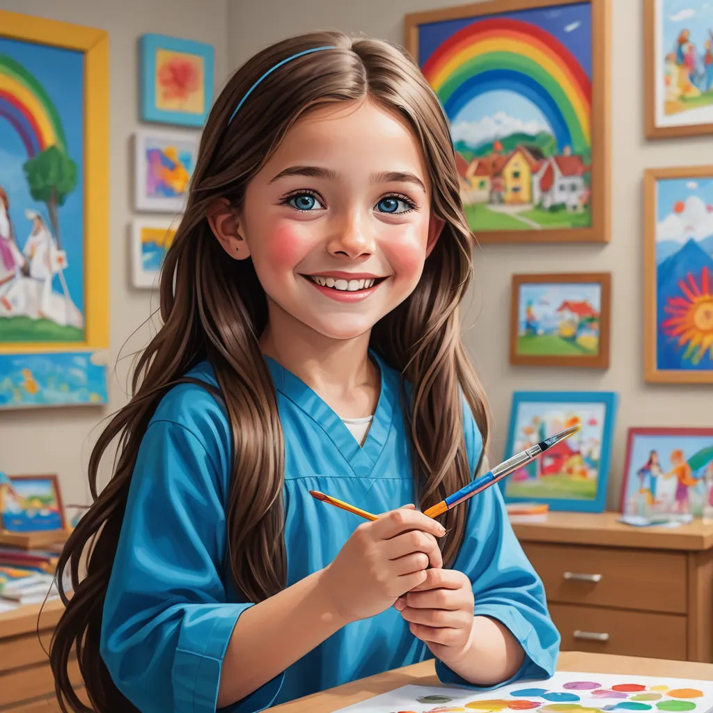 a girl is smiling while painting a picture with a brush and a pencil in her hand and a rainbow background, american scene painting, a photorealistic painting, artist, professional digital painting