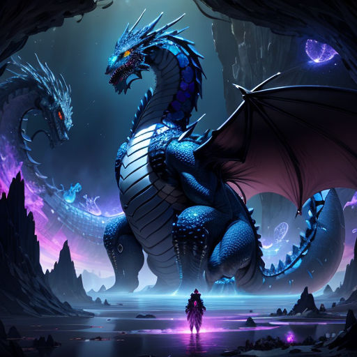 a blue dragon sitting on top of a mountain next to a man in a dark cave with purple lights