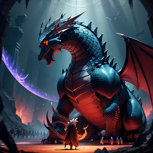 a dragon with a man standing next to it in a dark room with a light shining on it and a giant red dragon
