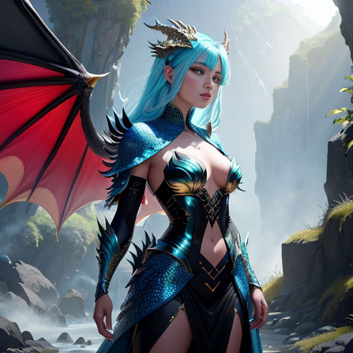 a woman with blue hair and a dragon wings outfit in a fantasy setting with a waterfall and rocks behind her