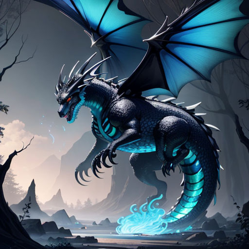a blue dragon with a black tail and blue eyes is flying through the air over a forest and rocks